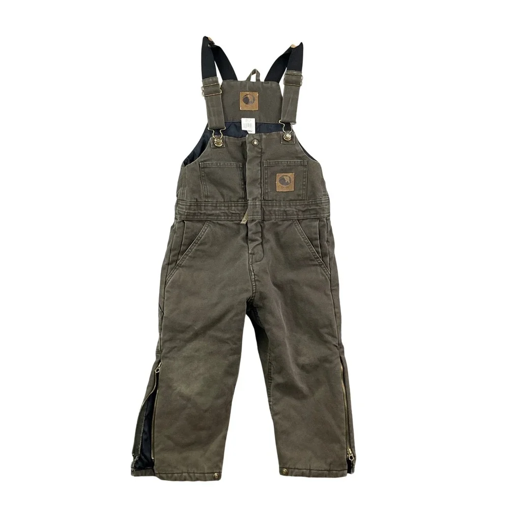 Berne Insulated Bib Overalls Kids XS Olive Drab Quilted Lined Duck Canvas Linned
